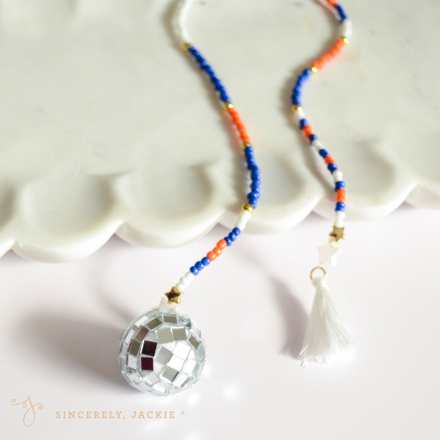 Blue + Orange Beaded Car Disco Ball - Mets, Islanders, Knicks