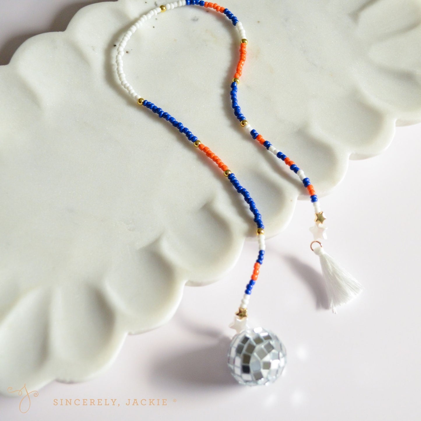 Blue + Orange Beaded Car Disco Ball - Mets, Islanders, Knicks